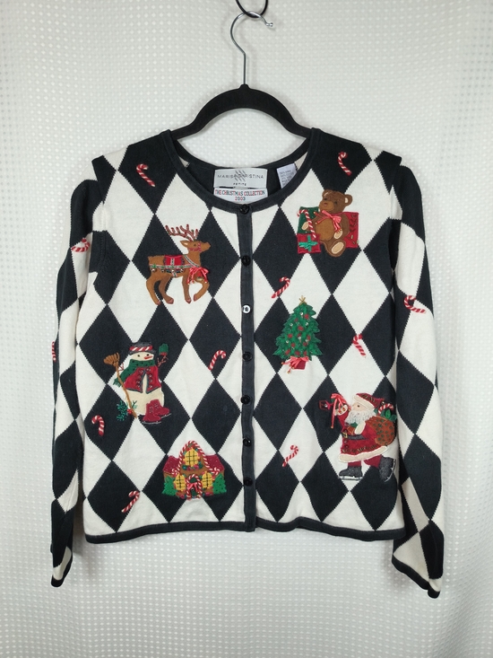 Marisa Christina Sweaters - Marisa Christina Black & White Argyle Holiday Cardigan with Festive Appliques PM
